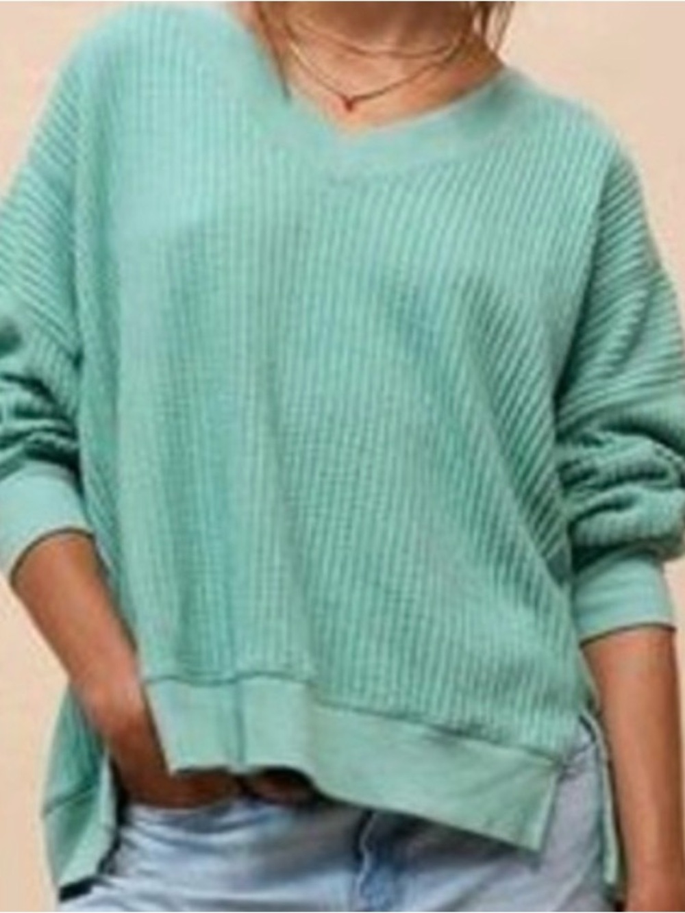 American Eagle Big Hug Oversized V-Neck Waffle Knit Sweatshirt - XS